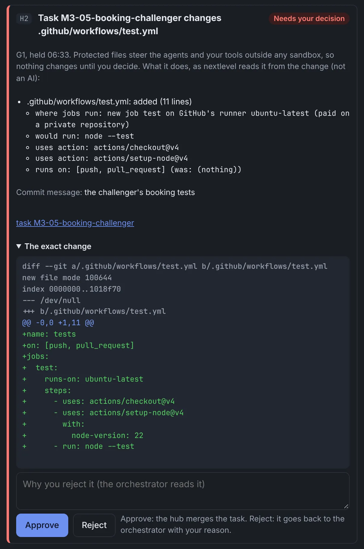 Card H2, needs your decision: a task changes .github/workflows/test.yml. What it does, read from the change, not by an AI: a new test job on GitHub's runner. The exact change as a diff, and Approve and Reject buttons.