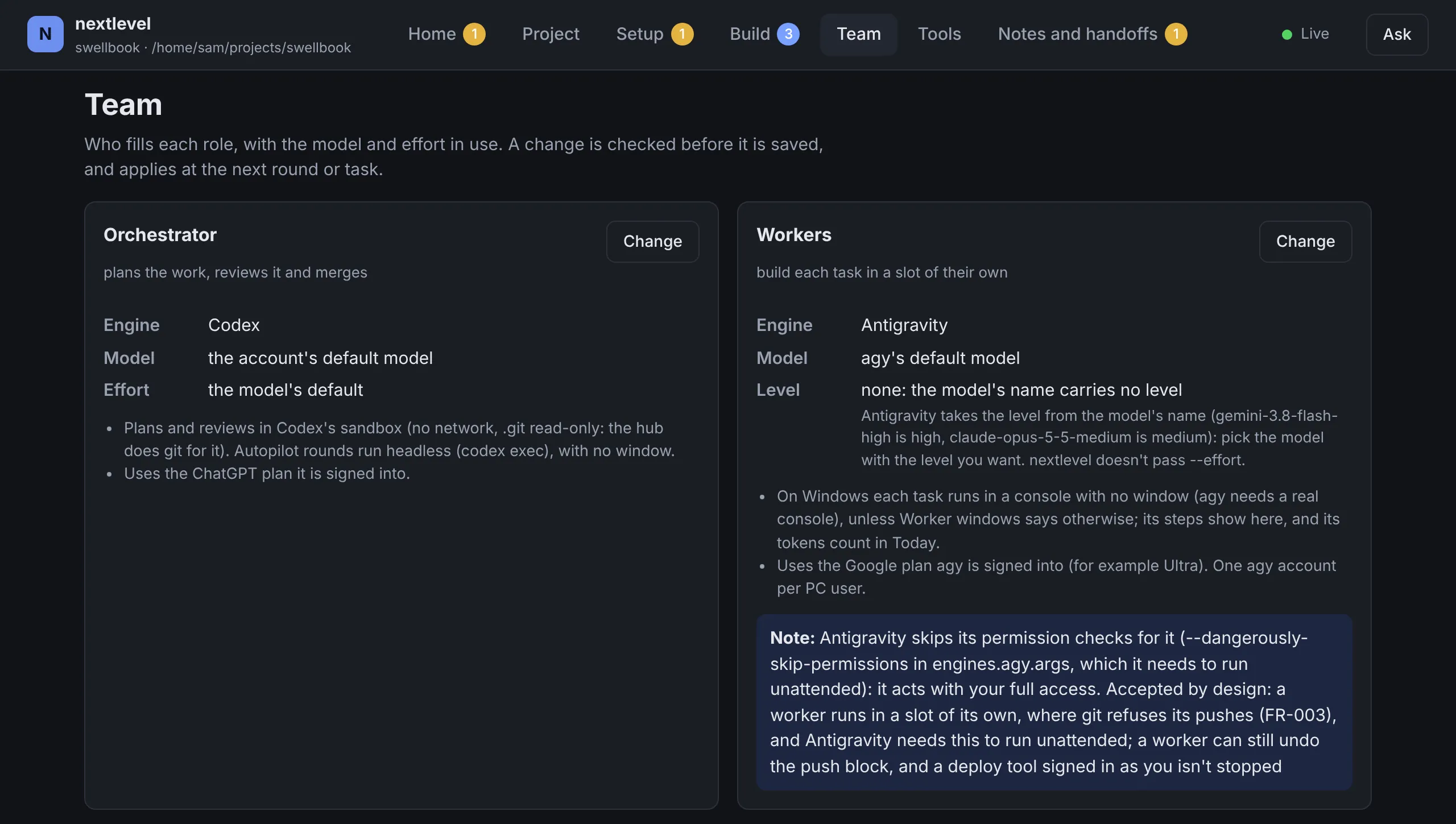 The Team page: the orchestrator on Codex with the account's default model, and the workers on Antigravity, with a note that Antigravity runs without its own permission checks and what that means.
